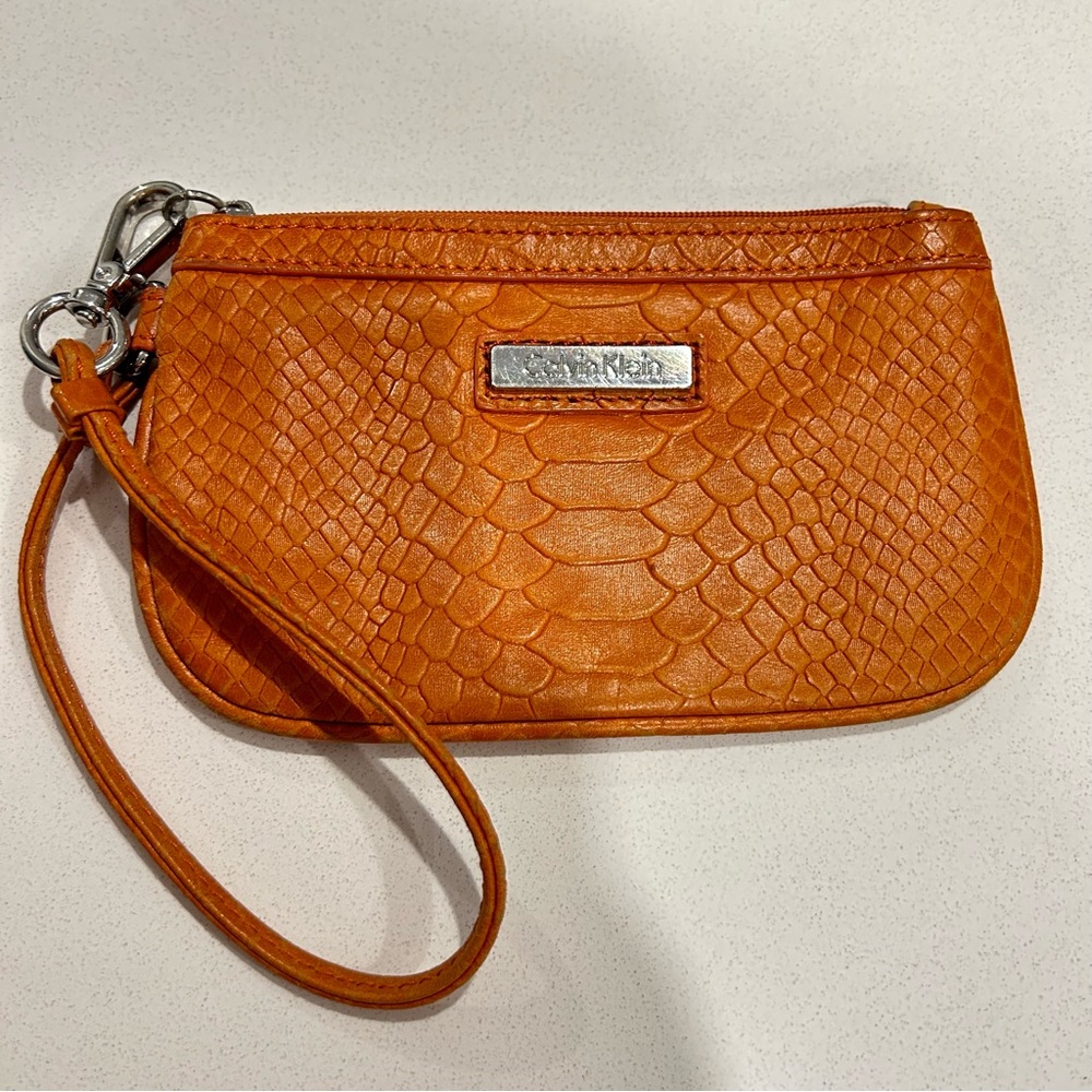 Calvin Klein Leather Small Wristlet Orange Embossed Snakeskin
